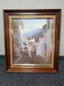 A contemporary oil on canvas depicting a continental street scene