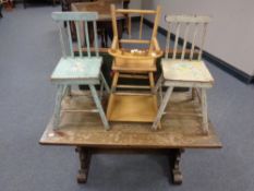 A Vono folding card table together with an oak refectory coffee table,
