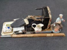 A box of cine camera, storage footstool, hand bag, Italian pottery figure,