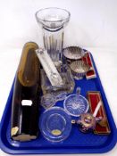 A tray of collector's spoons, miniature cloisonne teapot, Bohemia amber glass vase,