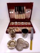 A box of cutlery and a silver plated barrel shape tankard, white metal cup,