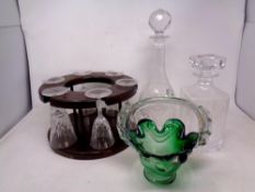 A tray of wooden decanter and glasses stand,