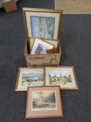 A box of assorted pictures and prints, framed watercolours,