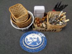 A box of knife block and knives, bowl of wooden fruit, cutlery, utensils, enamel twin handled dish,