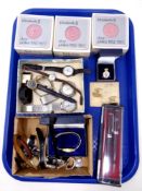A tray of Elizabeth II silver Jubilee bath soaps, vintage lady's and gent's wristwatches, pens,