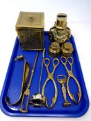 A tray of brass Transvaal money box, tea caddy,