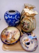 A tray of antique and later ceramics, pair of continental figures, Imari bowl,
