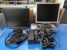 A Goodmans DVD player together with two LCD computer monitors and box containing two early in-car