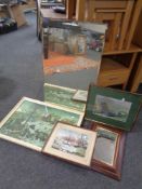 A twentieth century frameless bevelled mirror together with three framed prints