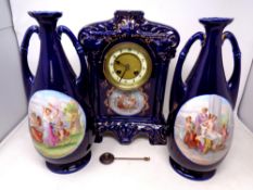 A three piece 19th century ceramic clock garniture