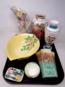 A tray of ceramics including Carlton leaf bowl, Maling, Wade Heath Deco wall pocket,