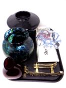 A tray of boxed Sherry glasses, petrol glass vase and other glass ware,