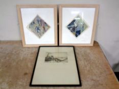 A monochrome etching of Rochester castle after Willy Brawson together with two Dave Bardon signed