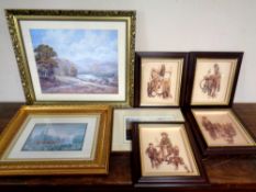 A gilt framed print after L S Lowry together with six further framed prints
