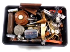 A box of quantity of lady's and gent's wristwatches, turned wooden trinket box, Salter pocket scale,