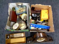 Two boxes of antique mantel clock, metal wares, vintage tins,
