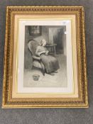 W Maliphant : Lady sewing by a table, watercolour, signed and dated 1898, 24 cm x 36 cm, framed.