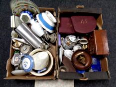 Two boxes of 20th century porcelain, three drawer apprentice chest, Ringtons caddies,