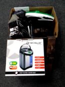 A box of Panasonic radio, Sony mini disc player and discs, foot massager, dominoes,