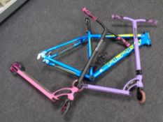 An Alpine bike frame and two child's scooters