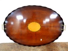 A large inlaid twin handled serving tray, width 90 cm.