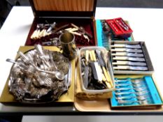 A mahogany cutlery canteen of loose cutlery, silver plated tray, pewter tankard,
