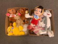 Two boxes containing twenty seven soft toys - Teddy bears, Pinocchio, Bugs Bunny, etc, etc.