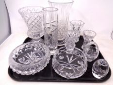 A tray of 20th century cut glass, vases, basket,
