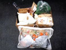 Two boxes of cushions, soft goods, Easter decorations,