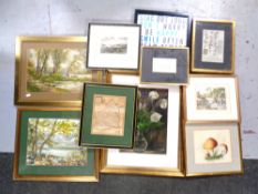 A box of assorted pictures and prints : 18th century hand coloured map of Northumberland,