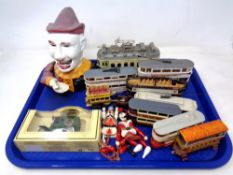 A tray of die cast trams, Corgi, reproduction Jester money box,