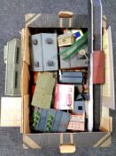 A box of model railway buildings