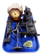 A tray of inlaid mahogany mantel clock, Chinese style metal censer,