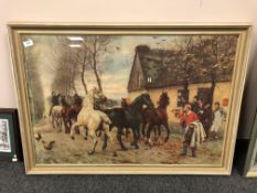 A continental colour print depicting horses by a cottage,