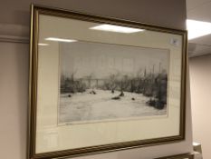 William Lionel Wyllie (1851-1931) : Shipping on the Tyne at Newcastle, dry point etching,