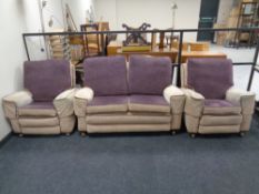 A three piece lounge suite in two tone fabric