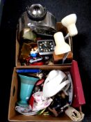 Two boxes of metal candle holder, lamp, mantle clock, ornaments, ceramics,