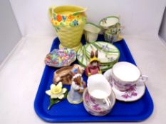 A tray of basket weave pottery jug, Doulton part tea set,