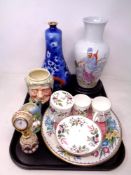 A tray of Doulton Burslem gourd shaped vase, 20th century Chinese baluster vase, character jug,