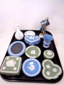 A tray of Wedgwood Jasperware, Wedgwood Ice Rose vase,