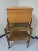 A teak concertina sewing box and contents,