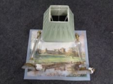 A pair of glass table lamps with shades and an un-framed drawing of Alnwick Castle