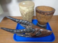 A tray of 20th century African drum, carving of an antelope,