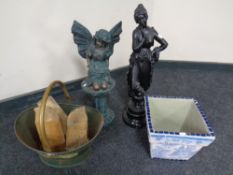 A painted chalk figure of a maiden, tiled plant pot,