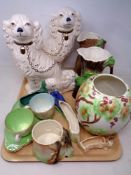 A tray of ceramics including Maling lustre tea cups and tea plates, Hornsea vases,