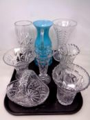 A tray of cut glass flower vases, basket,