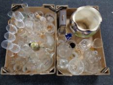 Two boxes of glass ware, mantel clock,