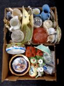 Three boxes of ceramics and glass ware : pink glass dessert set, teapots, jugs, cottage ware,