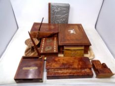 A tray of treen items : trinket boxes, desk stand,