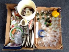 Two boxes of 20th century glass ware, pottery table lamp, collector's plates, pin dishes,